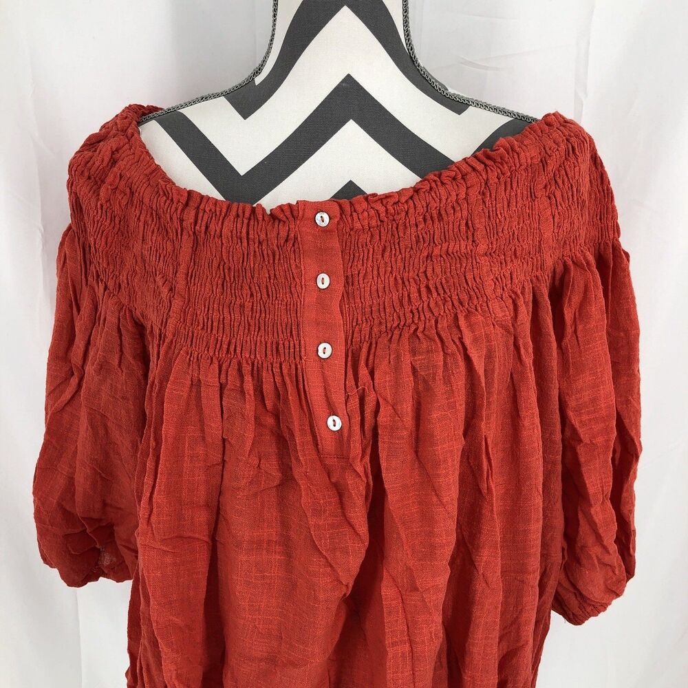 GiGiO Boho Smocked Off Shoulder Peasant Top Poppy Red/Orange Medium
